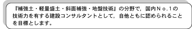 『補強土・軽量盛土・斜面補強・地盤技術』の分野で，国内No.1の技術力を有する建設コンサルタントとして，自他ともに認められることを目標とします。